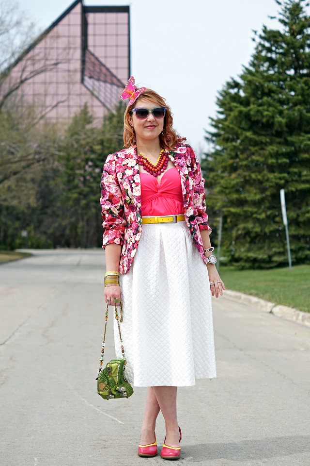 Winnipeg Fashion Stylist Consultant Blog, Kate Spade Millie Floral rose print silk cotton blazer jacket, Topshop white quilted midi skirt, Vedette Shapewear Marlene shaping pink swimsuit, Mary Frances Leap lily pad frog clutch purse, Kate Spade New York In the shade sunglasses bangle bracelet, dconstruct seaweed bangle bracelet, Fluevog hand leather painted pink yellow Wearever Arigato shoes pumps